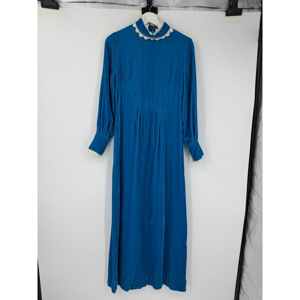 Vintage Handmade Blue Velvet Maxi Dress Lace Trim Prairie Victorian Cottagecore - Picture 2 of 16